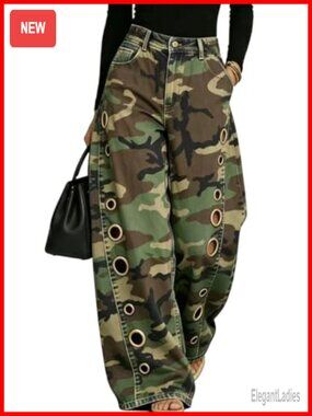 Wide Leg High Rise Barrel Jeans Metal Ring Cut-Out Distressed Denim Pants